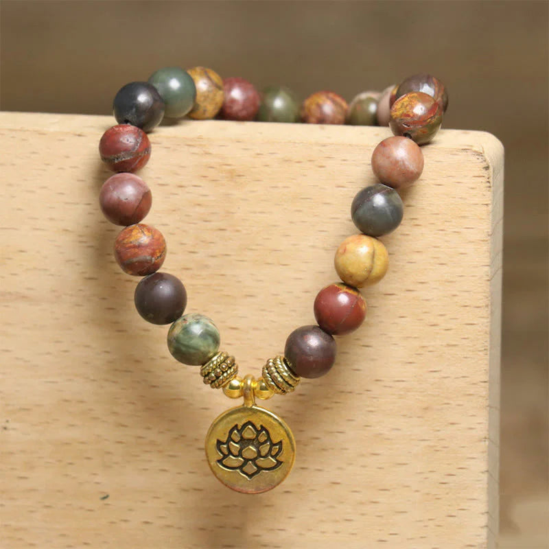Buddha Stones Natural Colorful Emperor Stone Lotus Pattern Anti-stress Bracelet