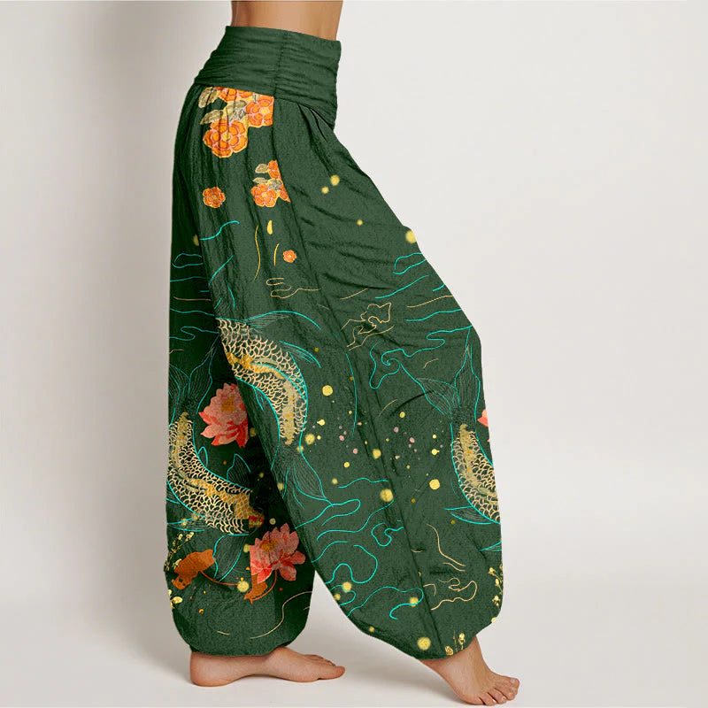 Buddha Stones Koi Fish Lotus Pattern Women's Elastic Waist Harem Pure Cotton Printed Pants