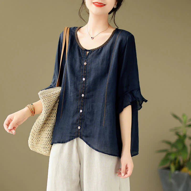 Buddha Stones Embroidery Buttons Crew Neck Flared Short Sleeve Women's Shirt