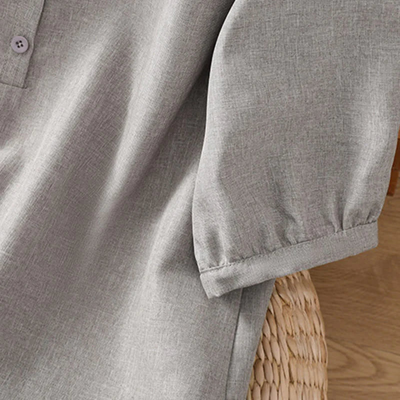 Buddha Stones Plain Button Crew Neck Design Women's Cotton Linen Three Quarter Sleeve Shirt