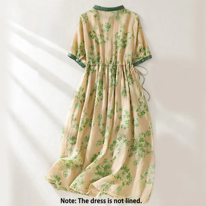 Buddha Stones Printing Buttons Drawstring High Waist Short Sleeve Cotton Midi Dress With Pockets