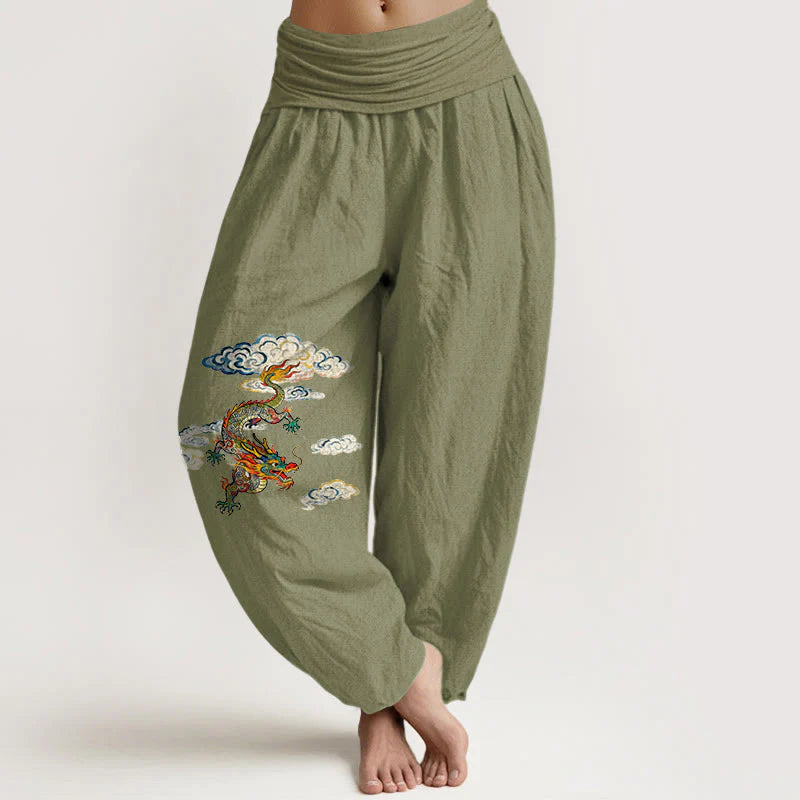 Buddha Stones Pure Cotton Colorful Dragon Cloud Pattern Women's Elastic Waist Harem Pants