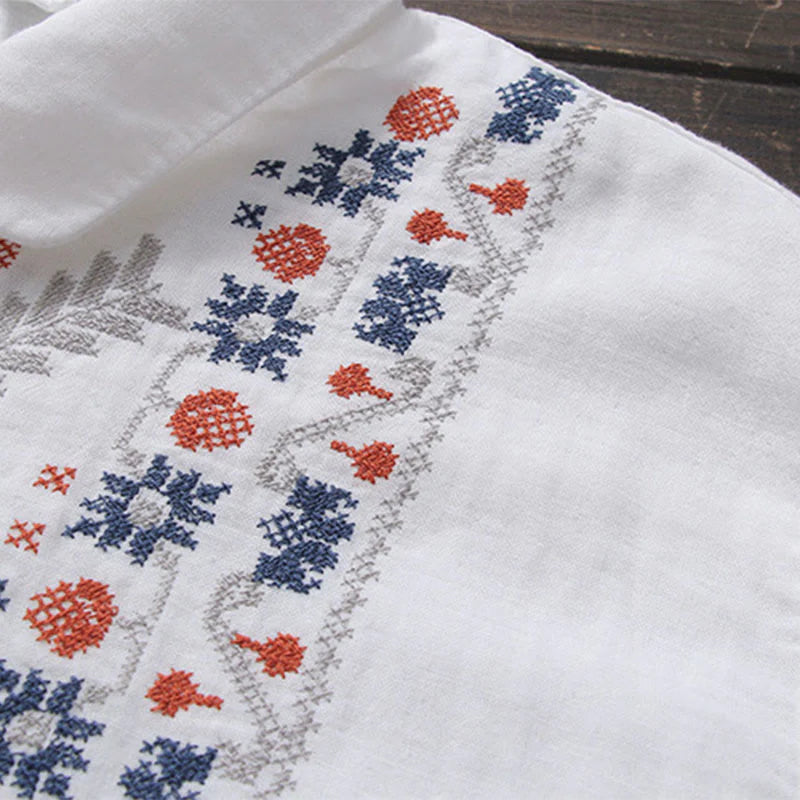 Buddha Stones Fall White Geometric Striped Flower Embroidery Button Women's Cotton Long Sleeve Shirt