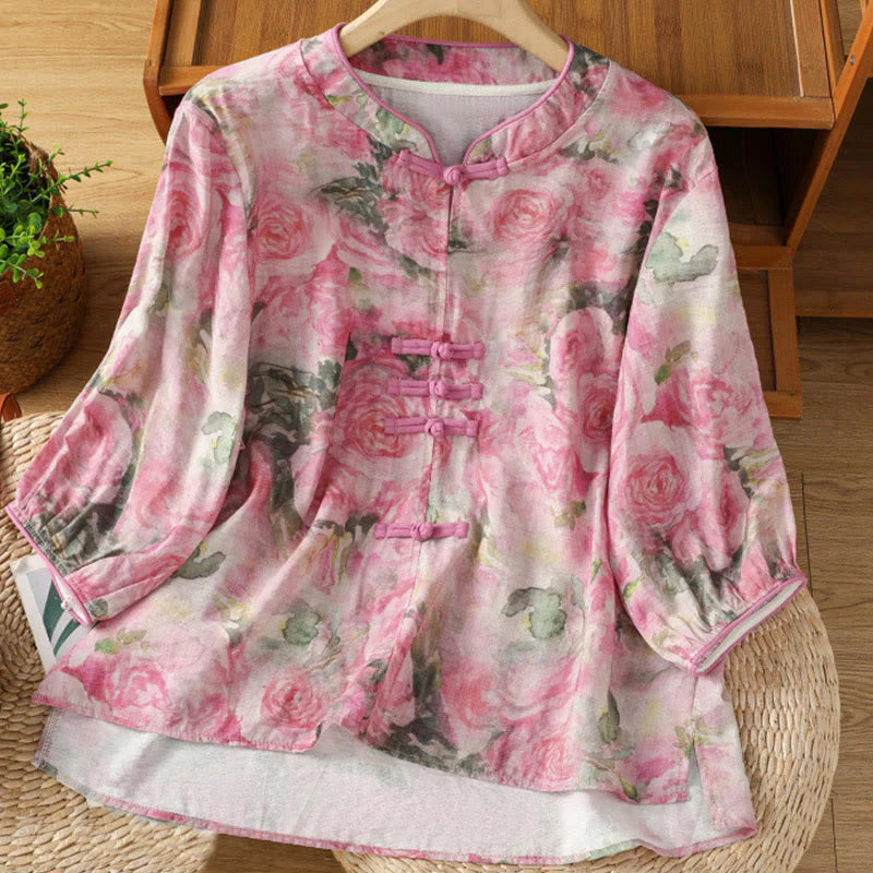 Buddha Stones Printing Floral Plain Chinese Frog-Button Women's Cotton Three Quarter Sleeve Shirt