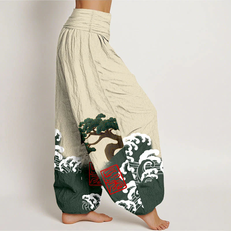 Buddha Stones Print Pure Cotton Pine Tree Rolling Waves Pattern Women's Elastic Waist Harem Pants
