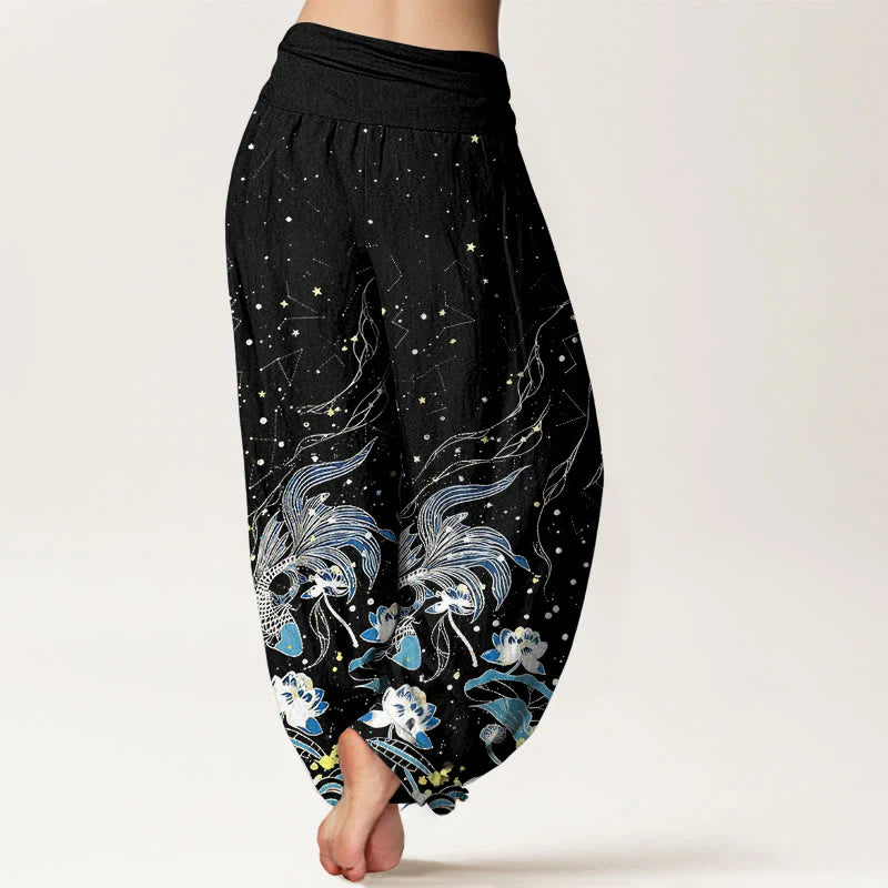 Buddha Stones Cotton Starry Sky Koi Fish Lotus Waves Pattern Women's Elastic Waist Harem Pants