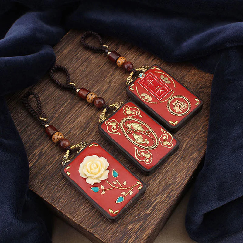 Buddha Stones Ebony Flower Koi Fish Fu Character Button Rope Key Chain