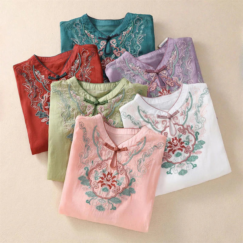 Buddha Stones Casual Retro Embroidery Frog-Button Design Women's Cotton Linen Half Sleeve Shirt