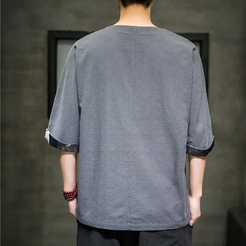 Buddha Stones Summer Retro Solid Color Patchwork Design Men's Three Quarter Sleeve Cotton Linen T-Shirt