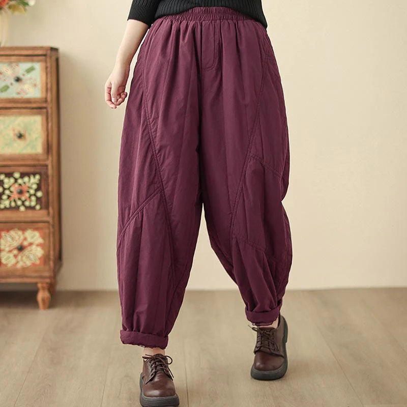 Buddha Stones Winter Plain High Waist Cotton Women's Harem Thermal Elastic Waist Pants With Pockets