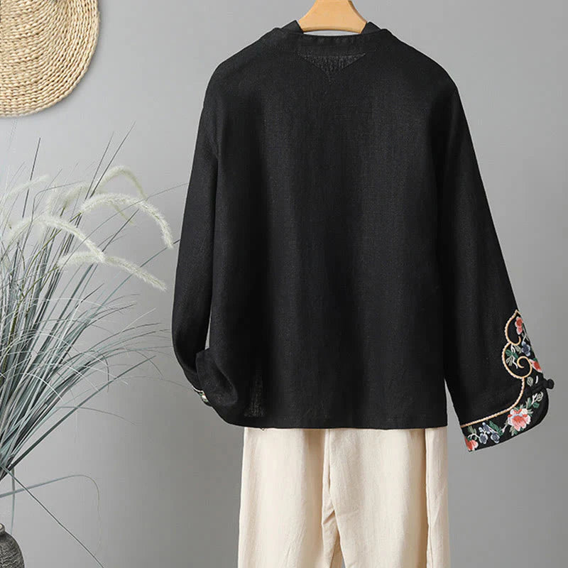 Buddha Stones Embroidery Flower Long Sleeve Frog-buttons Cotton Women's Shirt