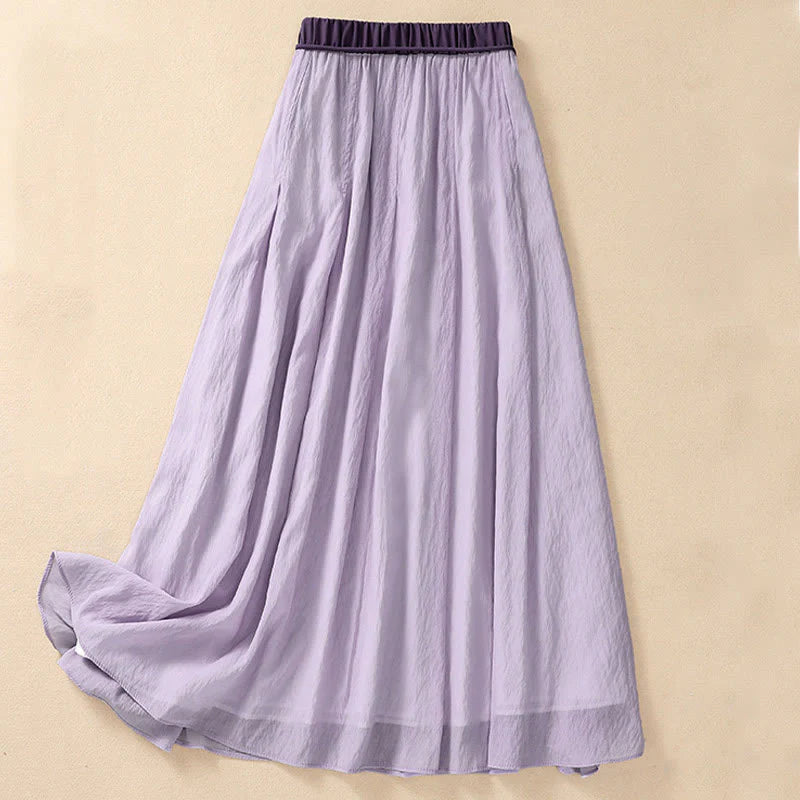 Buddha Stones Casual Contrasting Color Pleated Lace-Up Design Women's Cotton Linen 7-8 Length Skirt