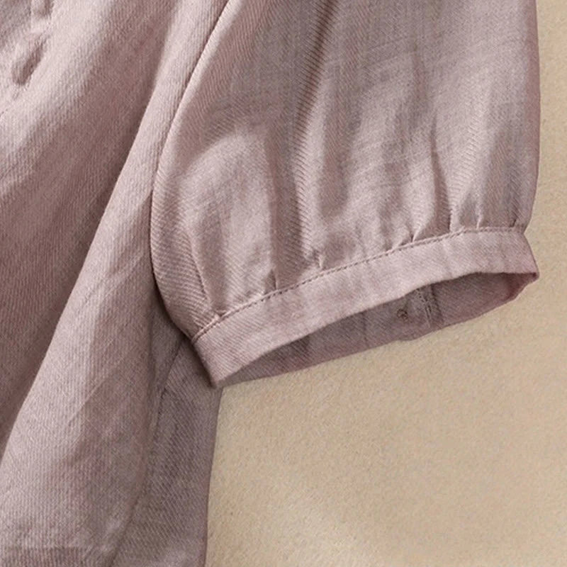 Buddha Stones Casual Daily Plain Button Ruffled Design Stand Collar Women's Cotton Linen Three Quarter Sleeve Shirt Cardigan