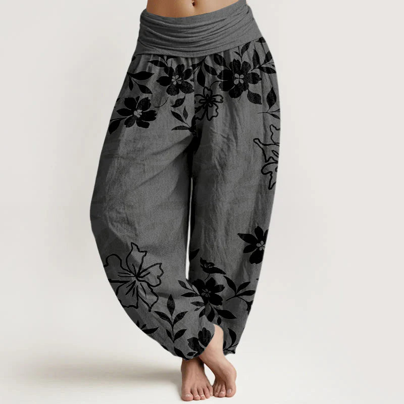 Buddha Stones Cotton Retro Simple Flowers Leaves Pattern Women's Elastic Waist Harem Pants