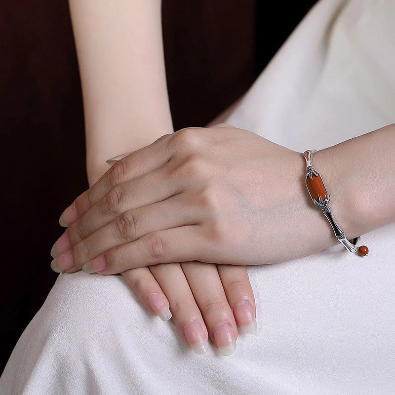 Buddha Stones 925 Sterling Silver Red Agate Bamboo Pattern Calm Bracelet Ring Jewelry Set (Extra 30% Off | USE CODE: FS30)
