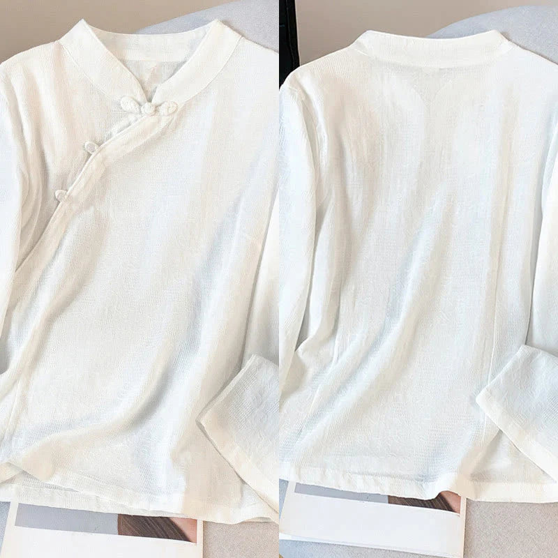 Buddha Stones Commute Jacquard Chinese Frog-Button Mandarin Collar Long Sleeve Women's Cotton Shirt