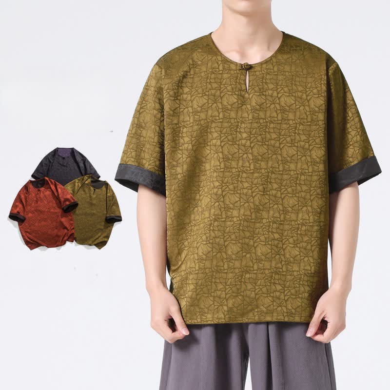 Buddha Stones Summer Retro Crackle Auspicious Cloud Pattern Short Sleeve Men's T-shirt