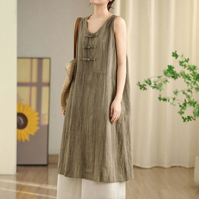Buddha Stones Tie Dye Chinese Frog-Button RamieÂ Linen Sleeveless Midi Dress With Pockets