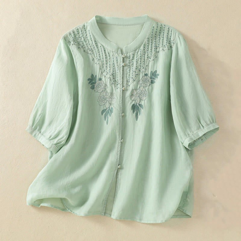Buddha Stones Rose Floral Embroidery Button Half Sleeve Women's Cotton Shirt