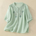 Buddha Stones Rose Floral Embroidery Button Half Sleeve Women's Cotton Shirt