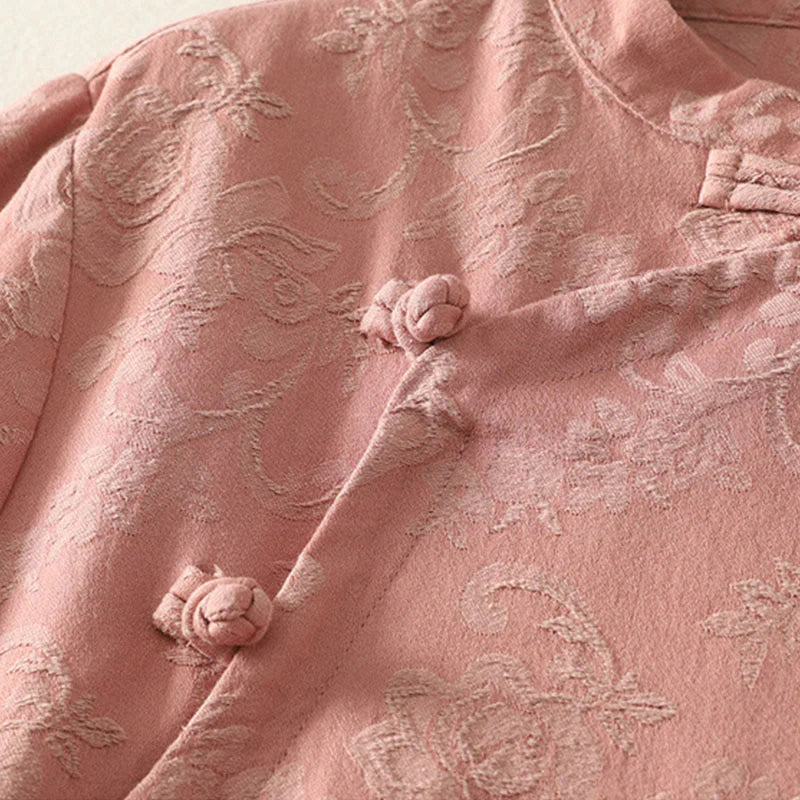 Buddha Stones Spring Plain Jacquard Design Women's Cotton Zen Long Sleeve Shirt