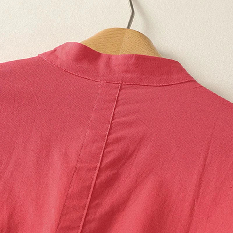 Buddha Stones Summer Stand Collar Short Sleeve Plain Women's Buttons Cotton Shirt With Pocket