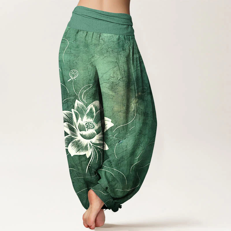 Buddha Stones Pure Cotton Lotus Flower Pattern Women's Elastic Waist Harem Pants