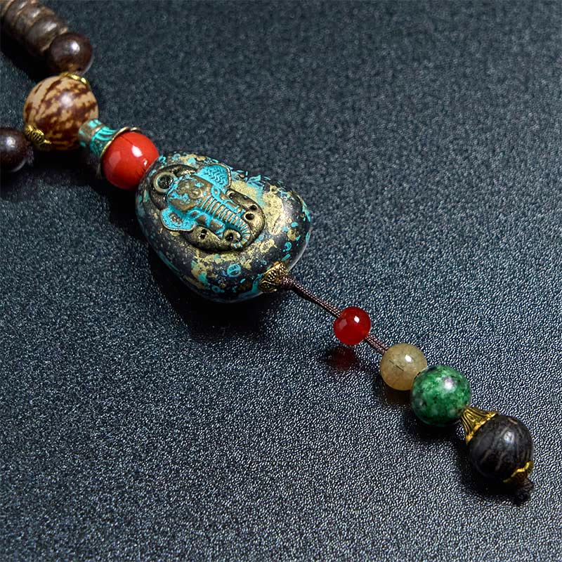 Buddha Stones Tibetan Handmade Wenge Wood Protection Dzi Bead Elephant Head Necklace Pendant