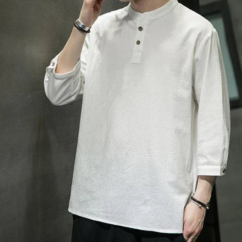 Buddha Stones Vintage Causal Pure Color Stand Collar Men's Three Quarter Sleeve Cotton Linen Shirt