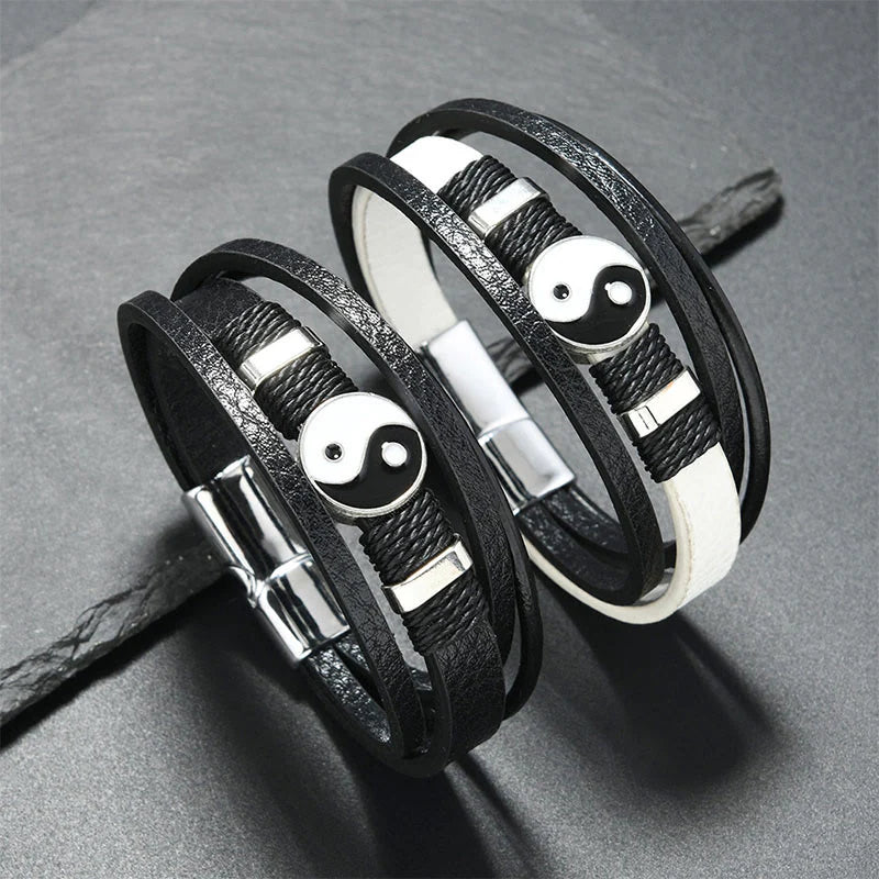 Buddha Stones Black White YIN YANG Multilayered Leather Balance Bracelet