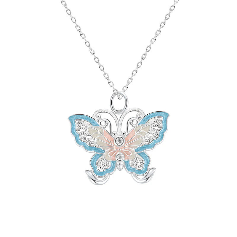 Buddha Stones 999 Sterling Silver Butterfly Blue Enamel Protection Necklace Pendant