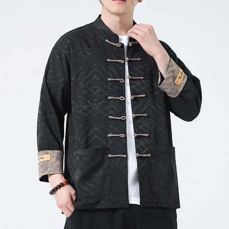 Buddha Stones Frog-Button Mountain Wave Pattern Long Sleeve Men's Cotton Jacket With Pockets
