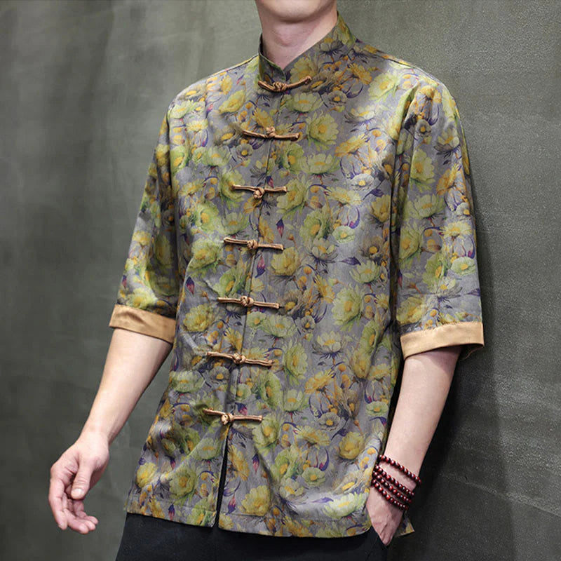 Buddha Stones Summer Colorful Floral Leaves Pattern Short Sleeve Frog-button Design Men's Cotton Shirt
