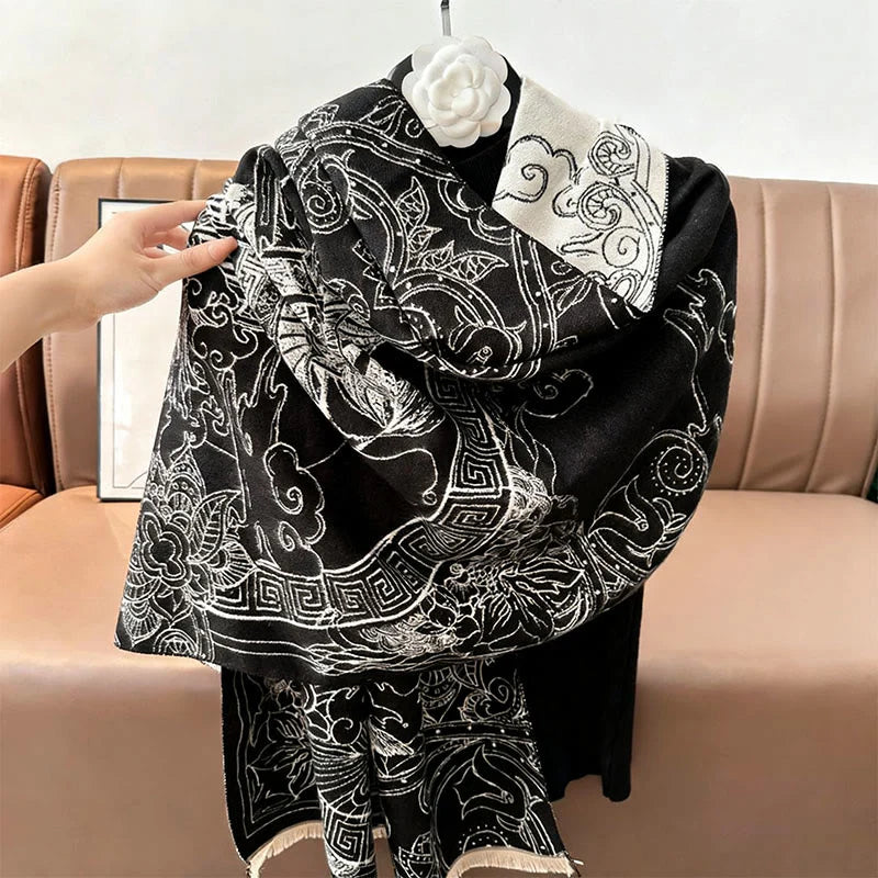 Buddha Stones Fall Pavilion Koi Fish Flowers Waves Pattern Cozy Scarf Shawl