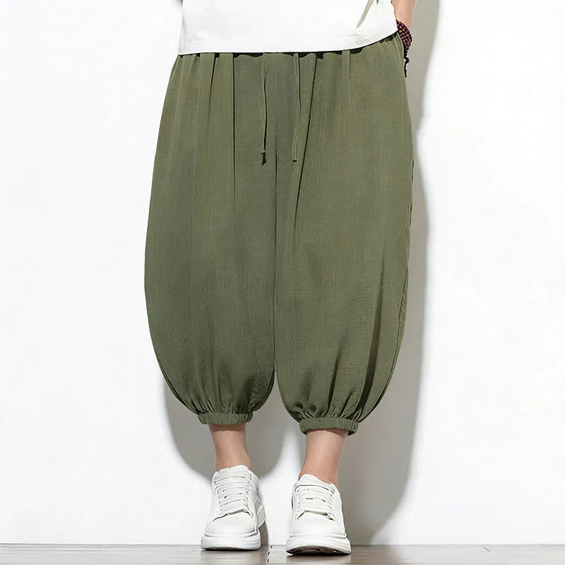 Buddha Stones Spring Solid Color Drawstring Elastic Design Men's Harem Capri Pants