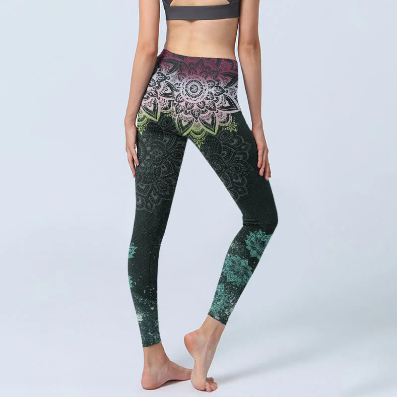 Buddha Stones Symmetry Mandalas Lotus Flowers Pattern Print Gym Leggings Women's Yoga Pants