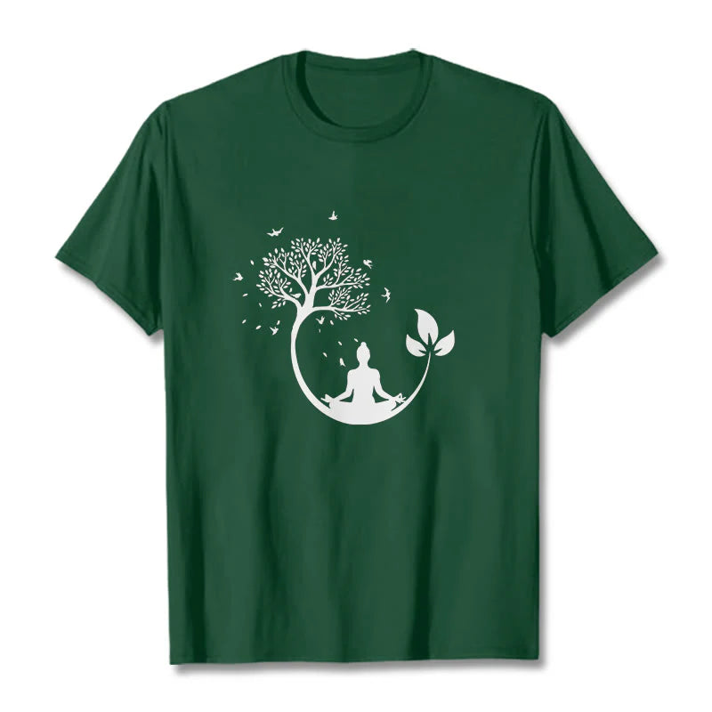 Buddha Stones Buddha Meditating In A Tree Pattern Cotton Tee T-shirt