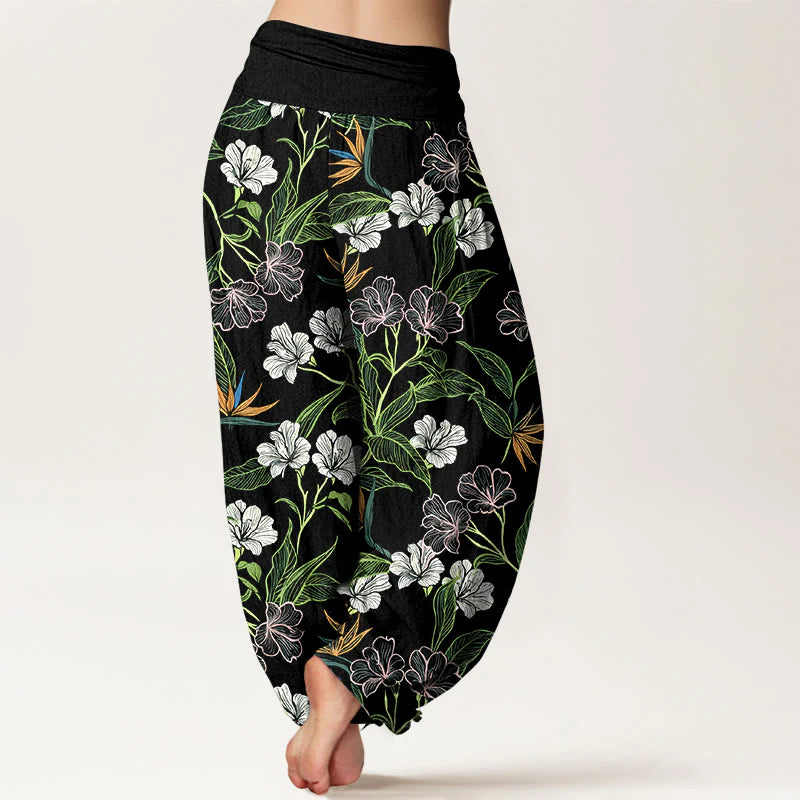Buddha Stones Cotton Contrasting Colors Flower Leaf Pattern Women's Elastic Waist Harem Pants