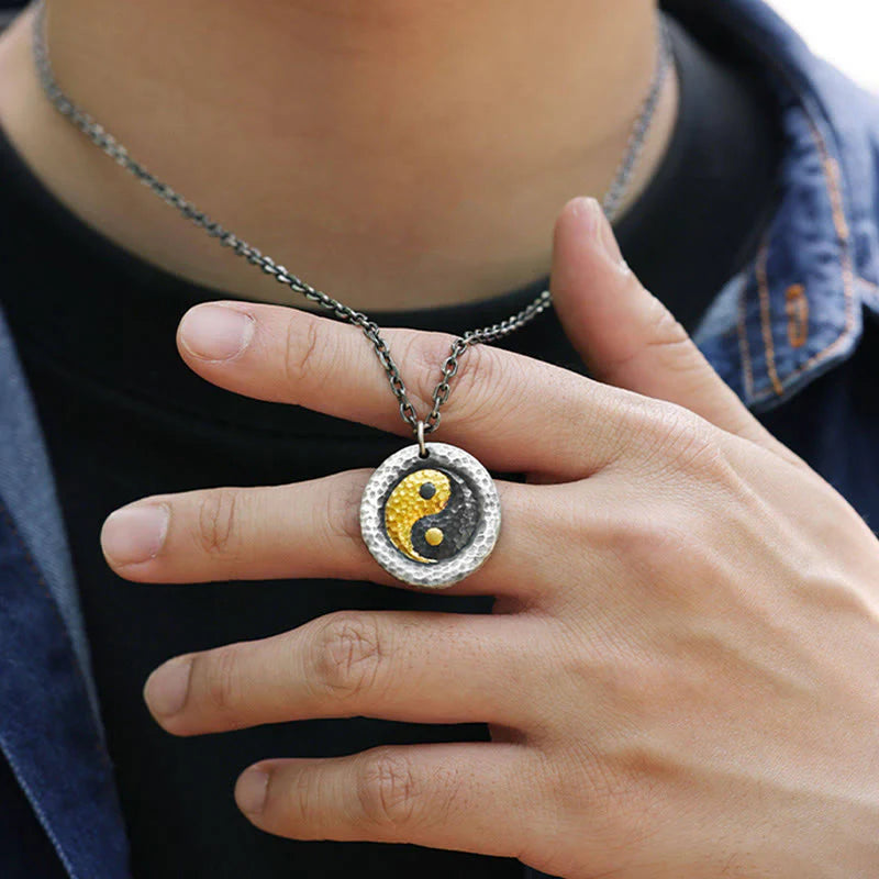 Buddha Stones 999 Sterling Silver 999 Gold Yin Yang Balance Titanium Steel Chain Necklace Pendant