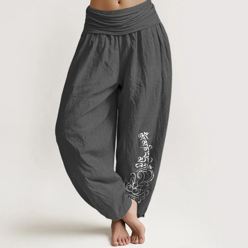 Buddha Stones Pure Cotton Simple Om Mani Padme Hum Lotus Pattern Women's Elastic Waist Harem Pants