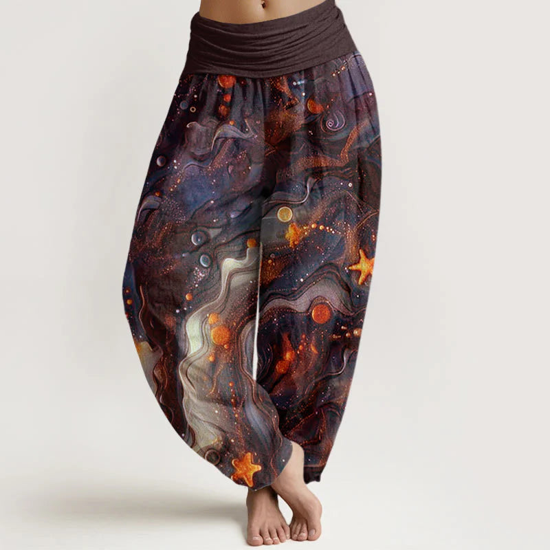 Buddha Stones Cotton Oceanic Golde Star Pattern Women's Elastic Waist Harem Pants