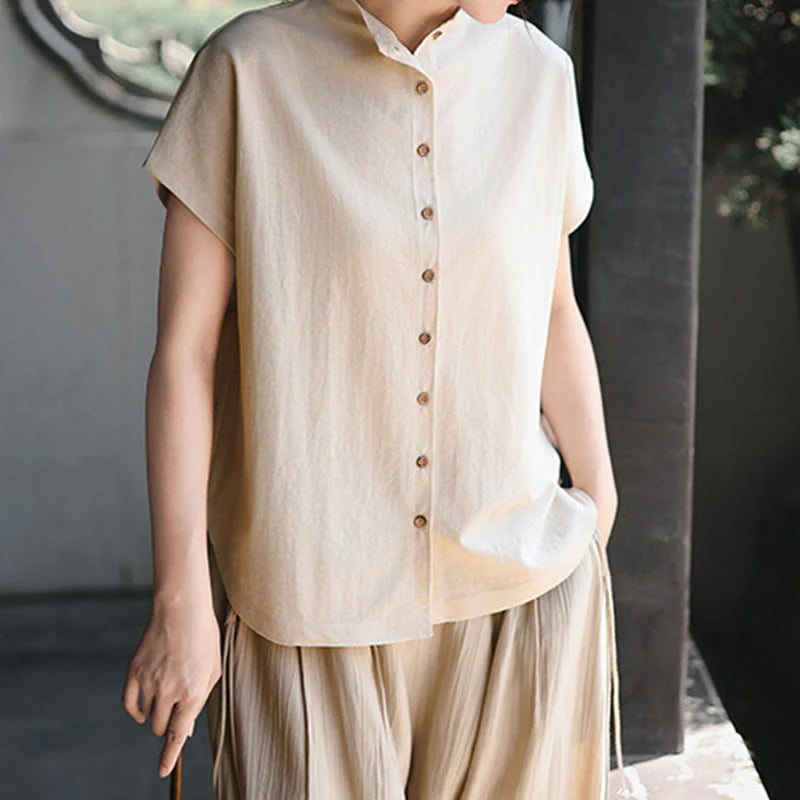Buddha Stones Vintage Buttons Design Stand Collar Cotton Short Sleeve Women's Shirt