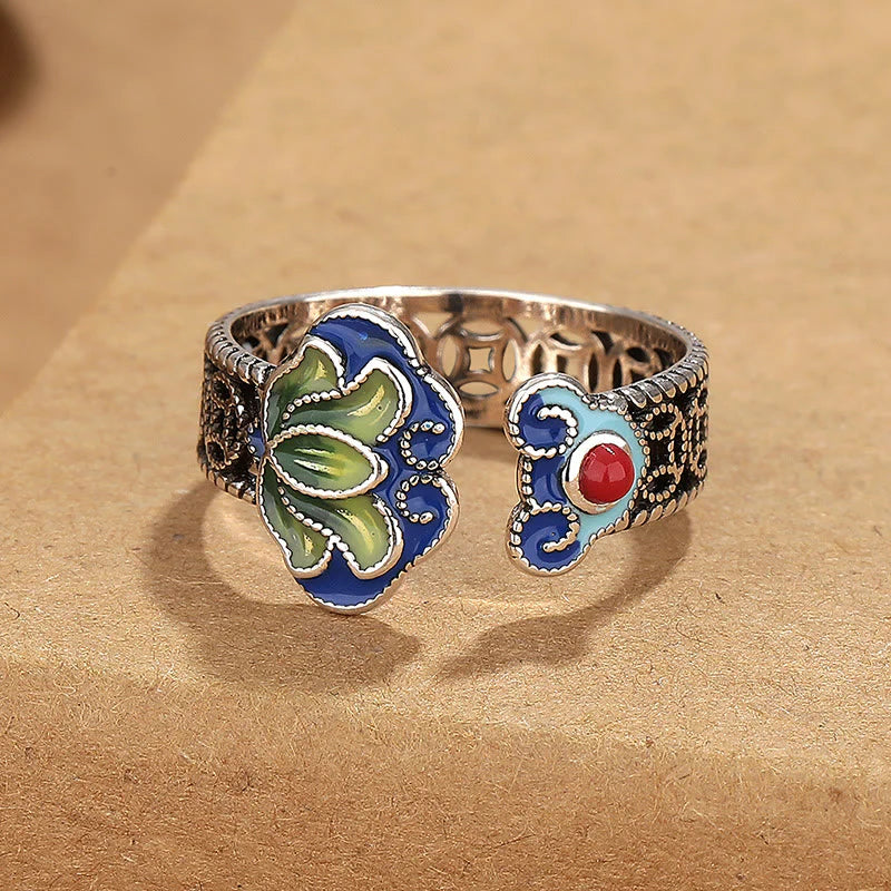 Buddha Stones Lotus Flower Copper Coins Ruyi Handle Pattern Enlightenment Adjustable Ring