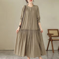 Buddha Stones Casual Plain Crew Neck Pleated Polyester Midi Dress With Pockets