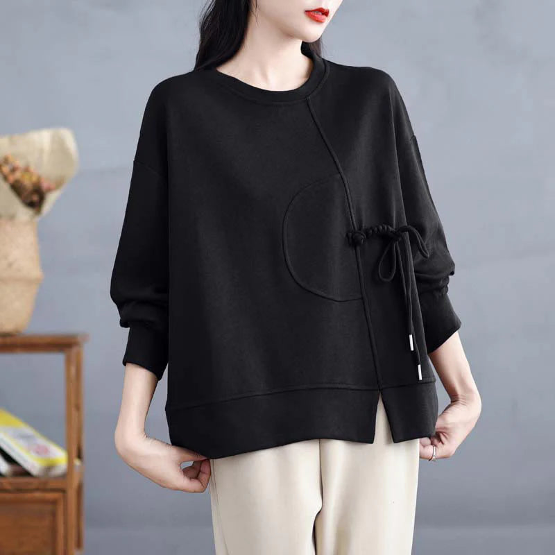 Buddha Stones Plain Frog-button Design Crew Neck Cotton Women's Long Sleeve Sweatshirt