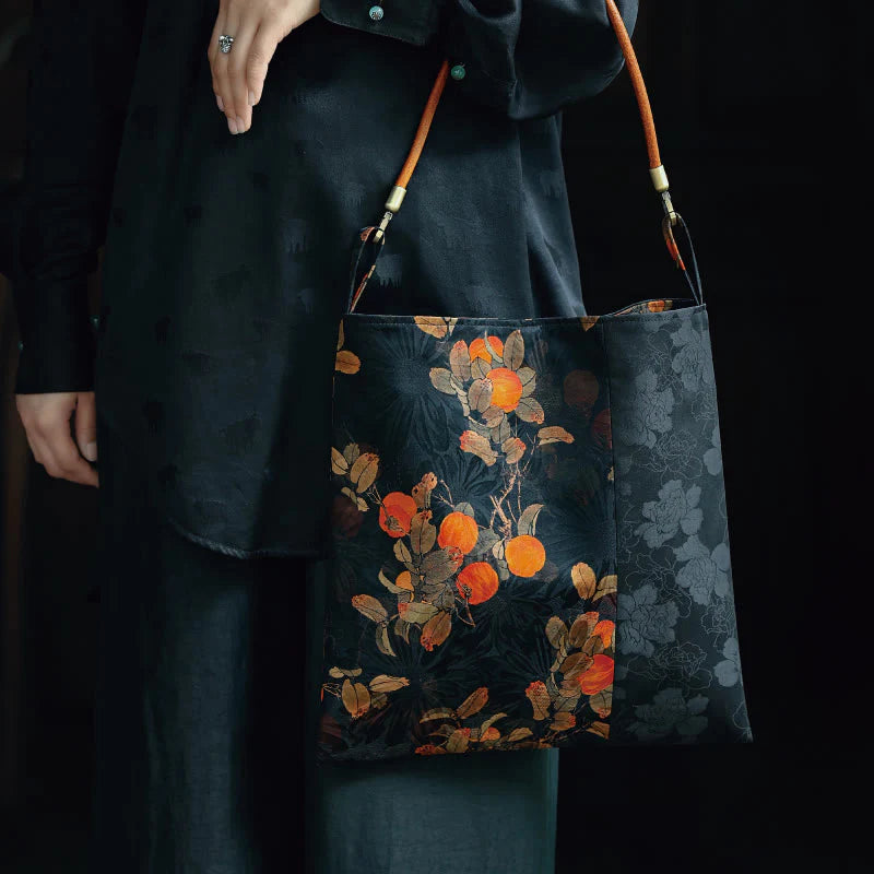 Buddha Stones Bamboo Leaves Flower Butterfly Persimmon Shoulder Bag Handbag
