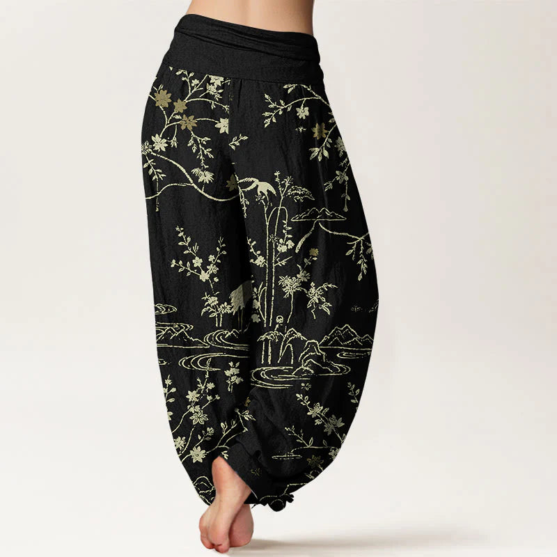 Buddha Stones Crane Floral Tree Branches Pattern Print Women's Elastic Waist Harem Pure Cotton Pants