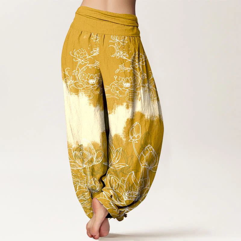 Buddha Stones Cotton Colorful Lotus Pattern Women's Elastic Waist Harem Pants