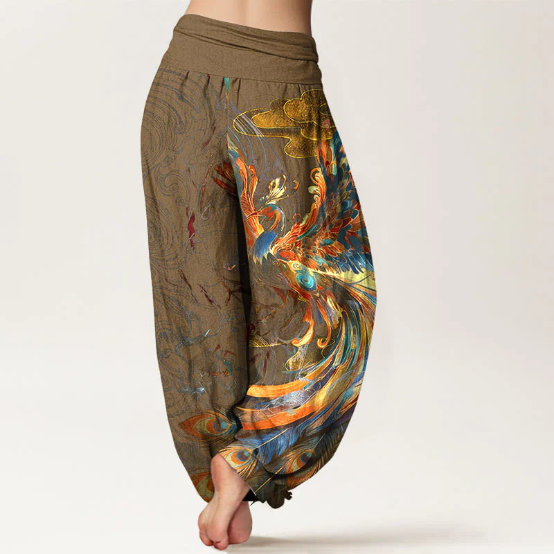 Buddha Stones Pure Cotton Gorgeous Flying Phoenix Cloud Pattern Women's Elastic Waist Harem Pants