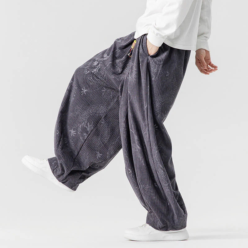 Buddha Stones Winter Dragon Phoenix Pattern Cotton Corduroy Men's Harem Pants With Pockets